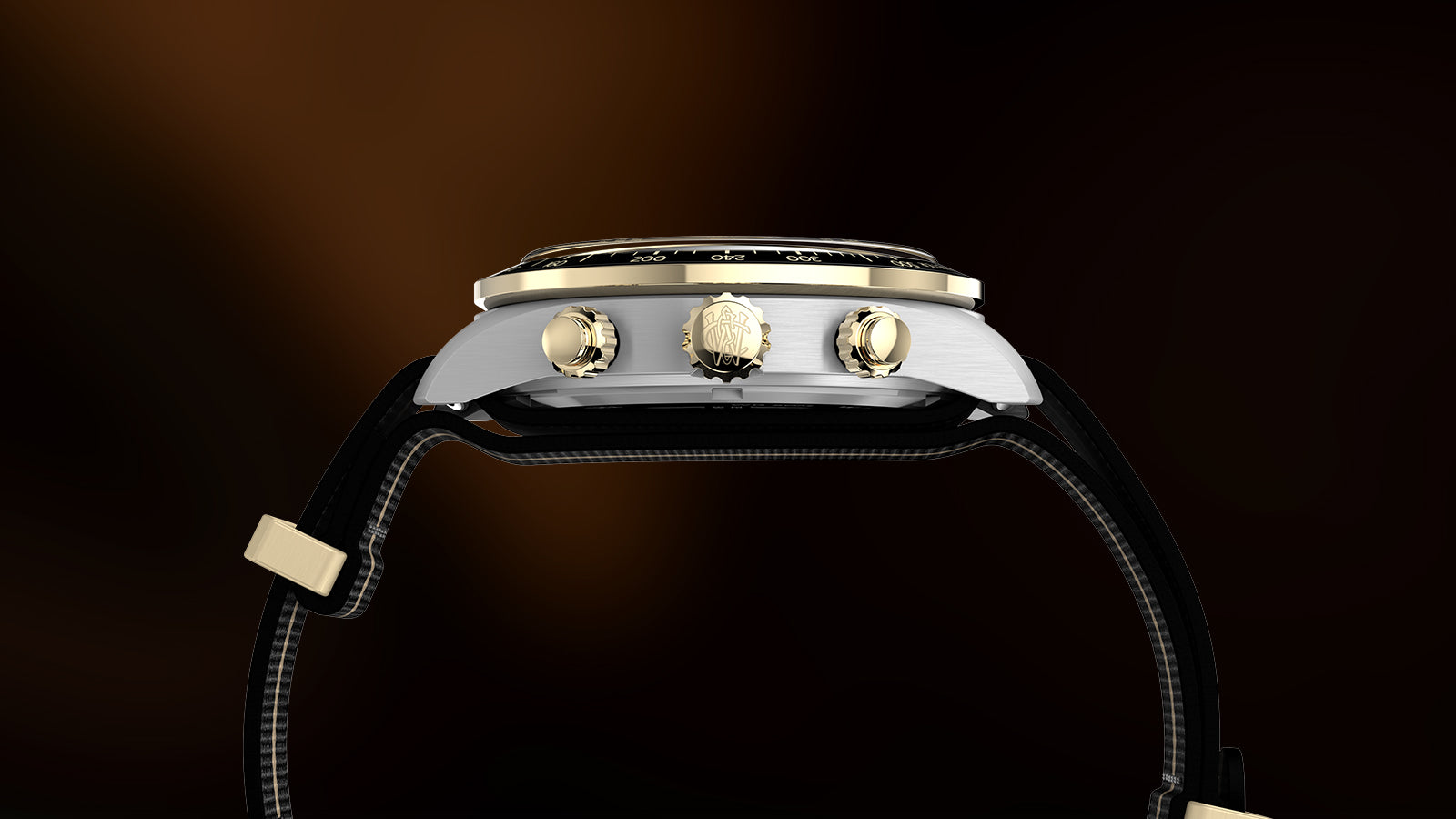 Side view of the Timex Waterbury Heritage Chronograph highlighting gold-tone crown and pushers with a slim stainless-steel case.