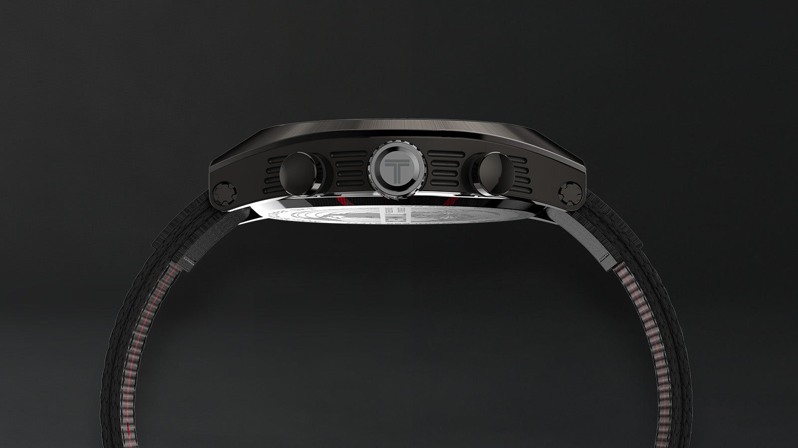 Side view of the Timex Legacy Tonneau Chronograph highlighting the angular brushed case design, crown, and pushers with engraved “T” logo.