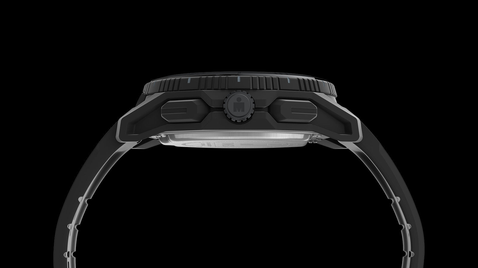 Side view of the TIMEX® IRONMAN® Adrenaline Ana-Digi watch showing durable black resin case, crown, and textured strap.