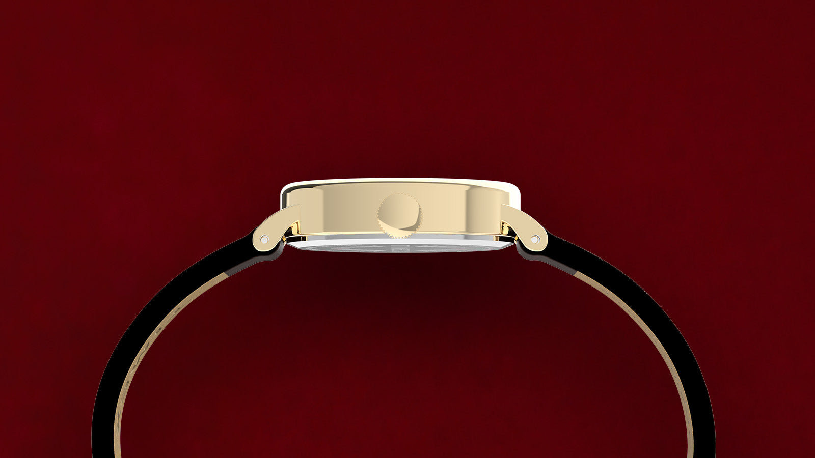 Side view of the TIMEX® Cavatina watch highlighting its slim gold-tone case and minimalist curved design.