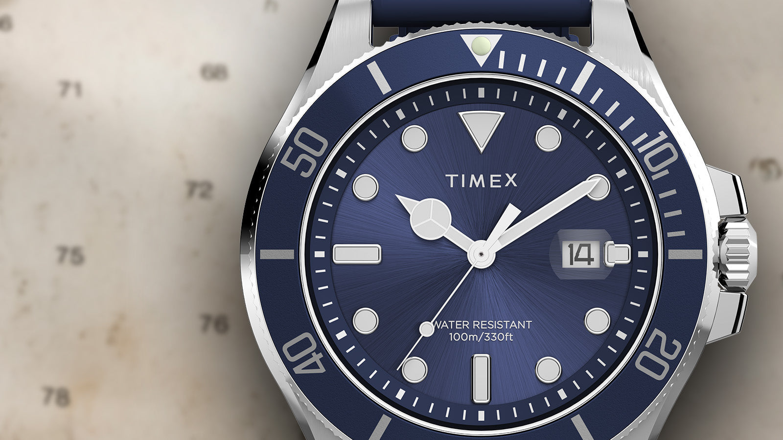 Macro shot of Timex Harborside Coast watch face showing blue sunray dial, white hour markers, rotating bezel, and 100m water resistance marking.