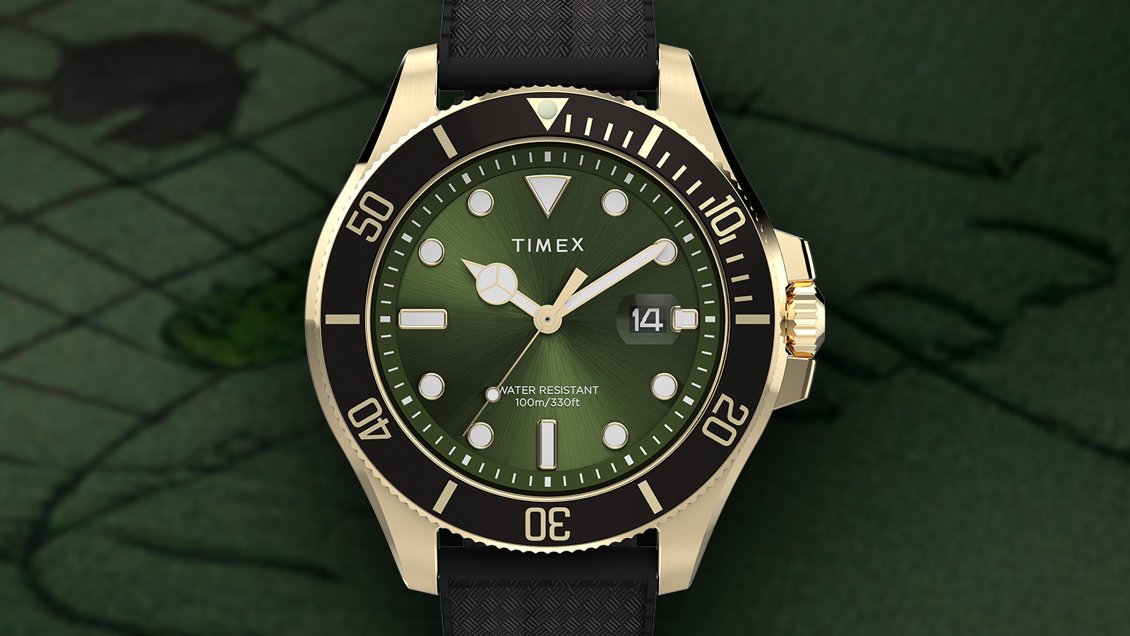 Front view of the Timex Harborside Coast watch with a green dial, gold-tone case, black bezel, and textured black strap, shown against a green map background.