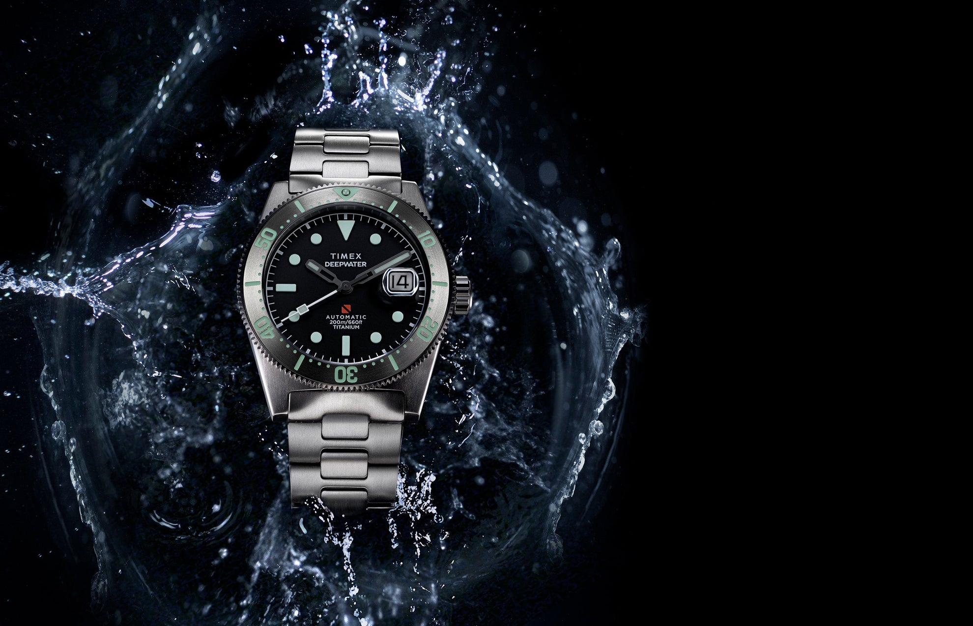 Timex Deepwater Reef 200 Titanium watch with a black dial and aqua lume markers, shown against a dramatic backdrop of splashing water.
