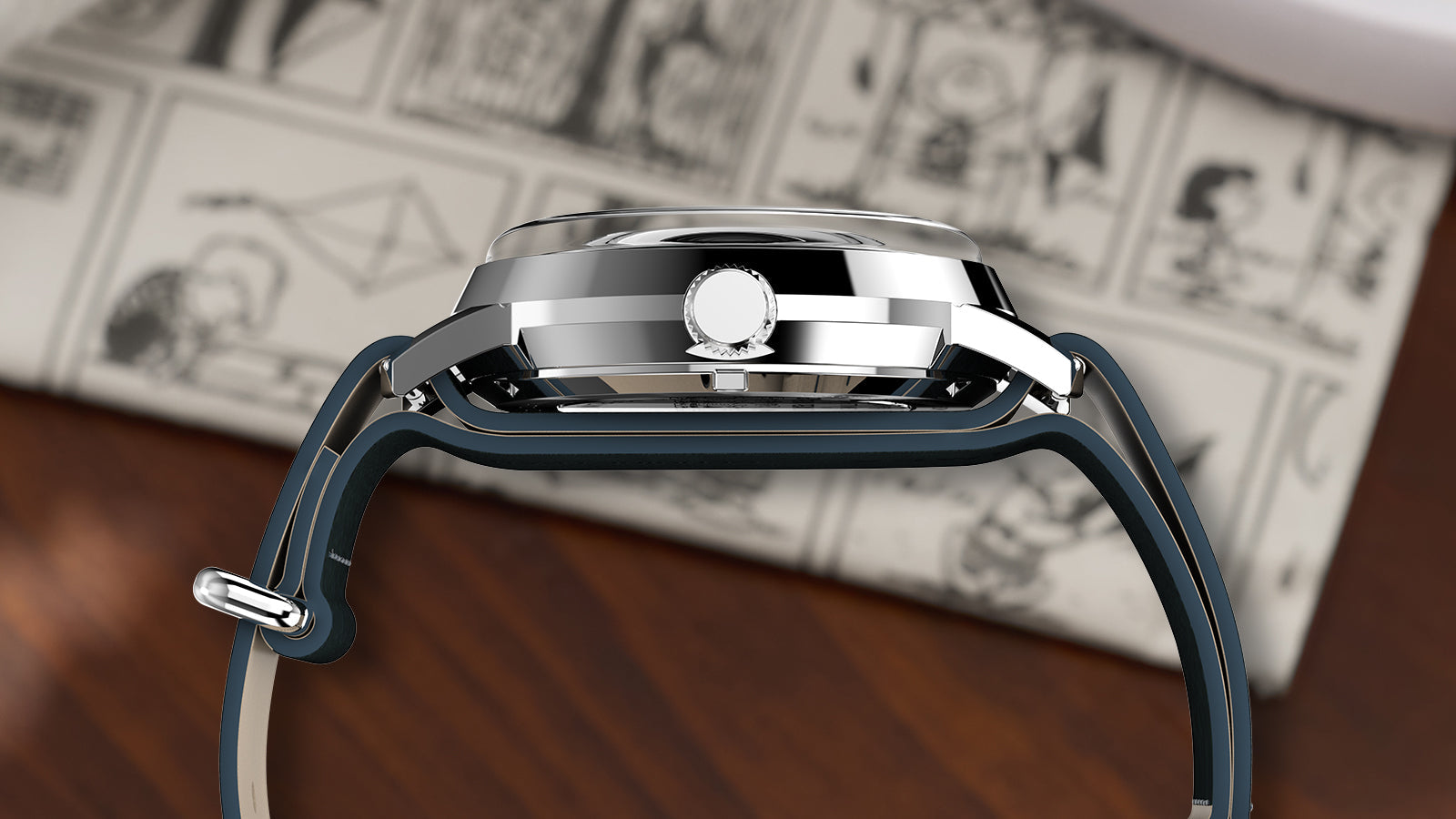 Side profile of Peanuts® x Timex Marlin® Automatic Pickleball watch highlighting polished stainless-steel case, domed crystal, and classic Marlin® silhouette.