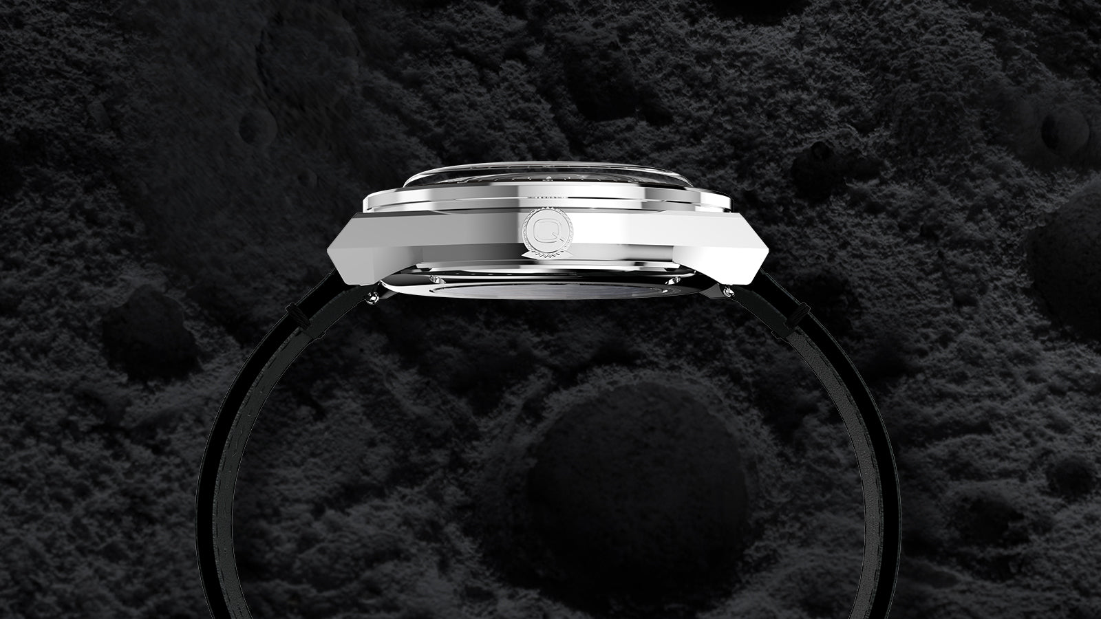 Side profile of Q Timex® x NASA stainless steel case showing crown detail and black leather strap.