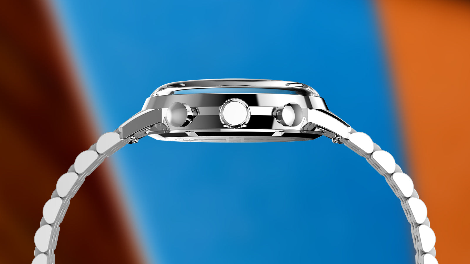 Side profile of the Timex Marlin Chronograph Tachymeter showing the stainless steel case, crown, pushers, and bracelet against a blue and orange background.