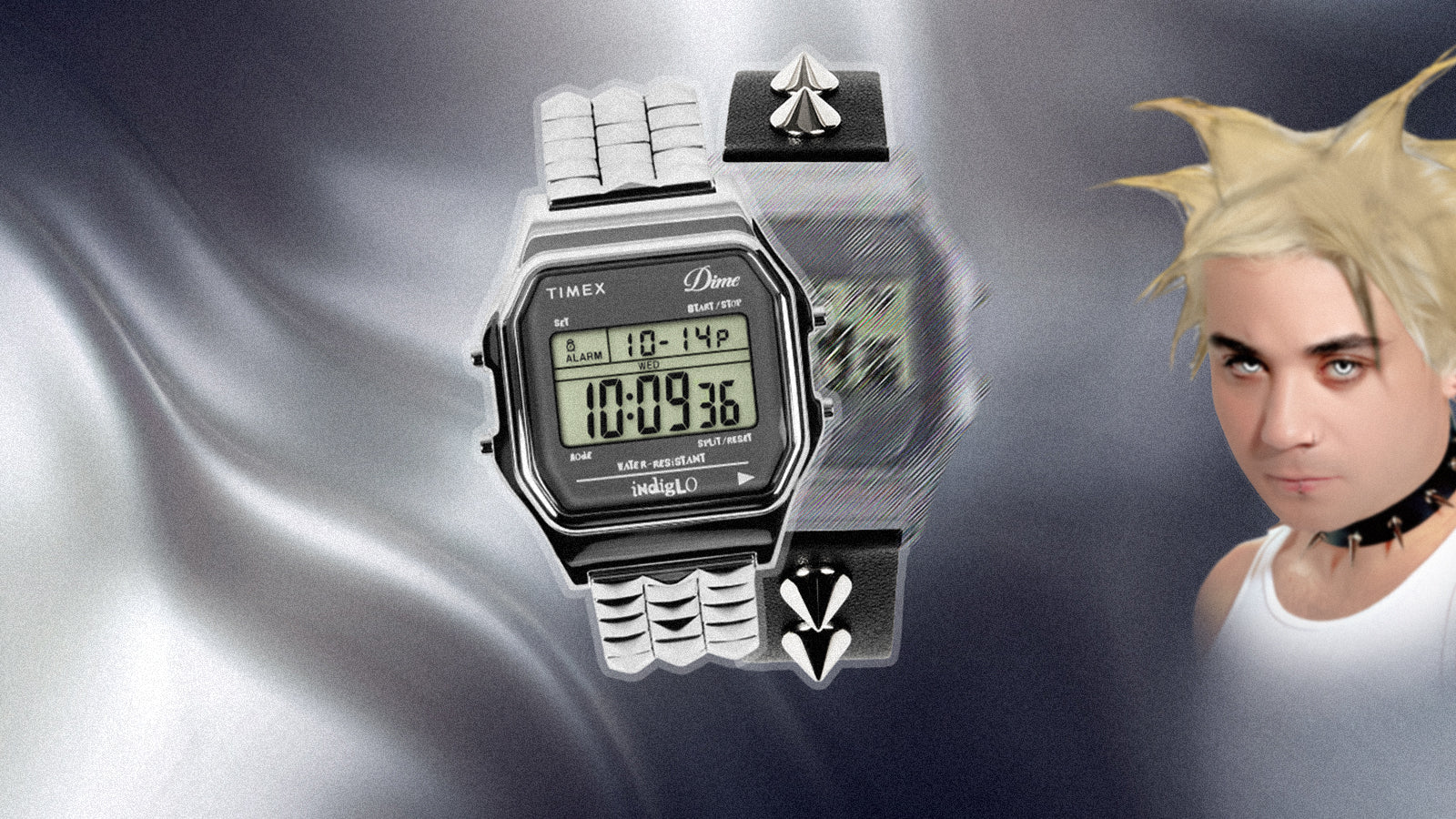 Timex x Dime digital watch with interchangeable straps on stylized background with motion effect.