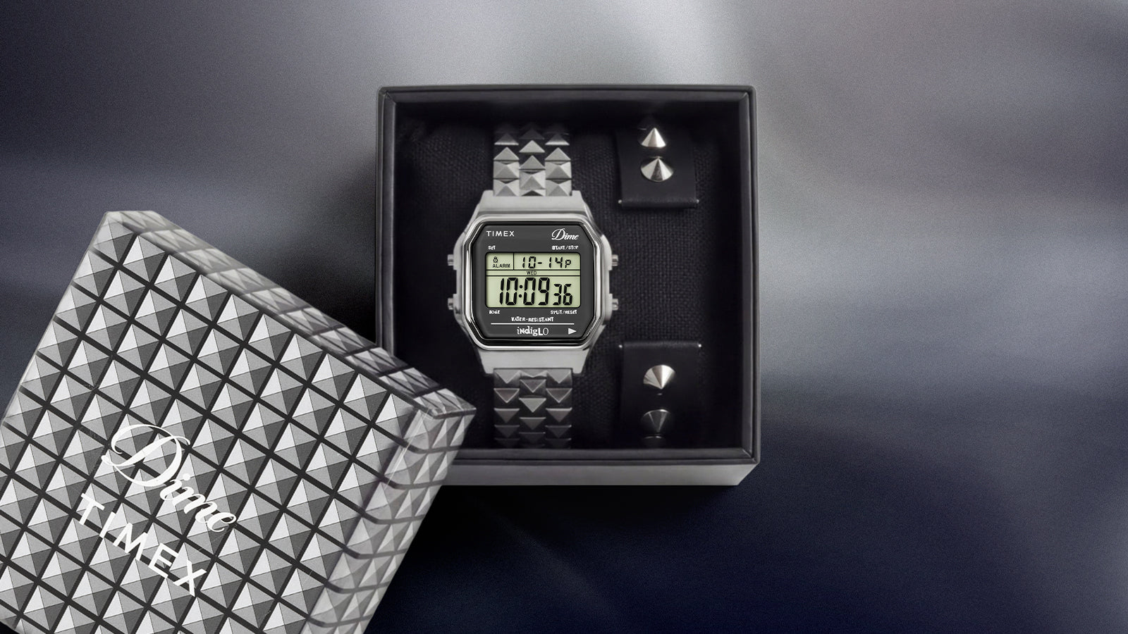 Timex x Dime digital watch set with branded box and interchangeable straps.