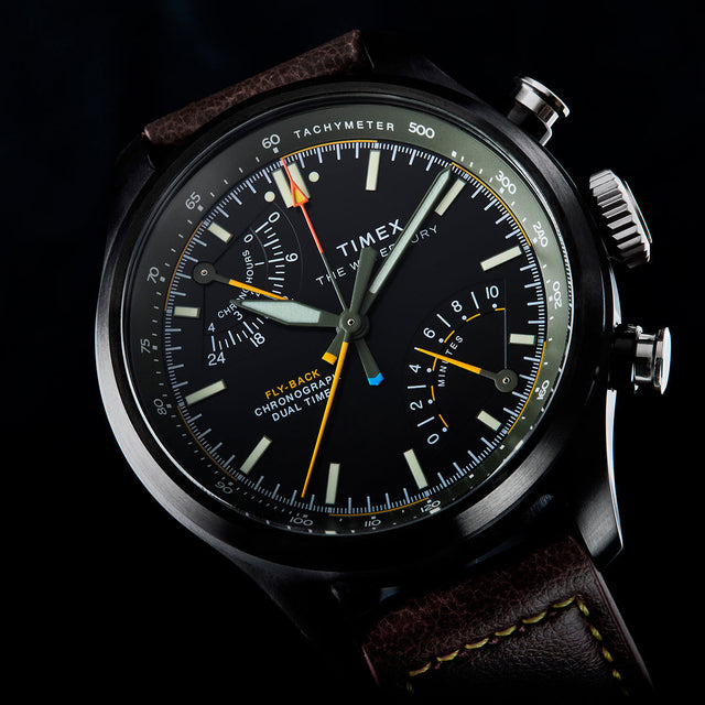 Close-up of Timex Waterbury Ace Fly-Back Chronograph dial showing subdials, tachymeter scale, and fly-back function