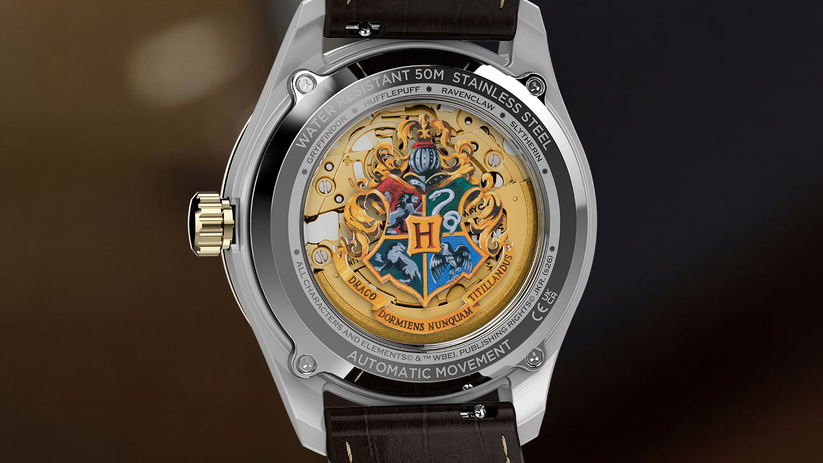 Rear view of Harry Potter x Timex Waterbury Skeleton Automatic watch highlighting Hogwarts house crests and automatic movement.