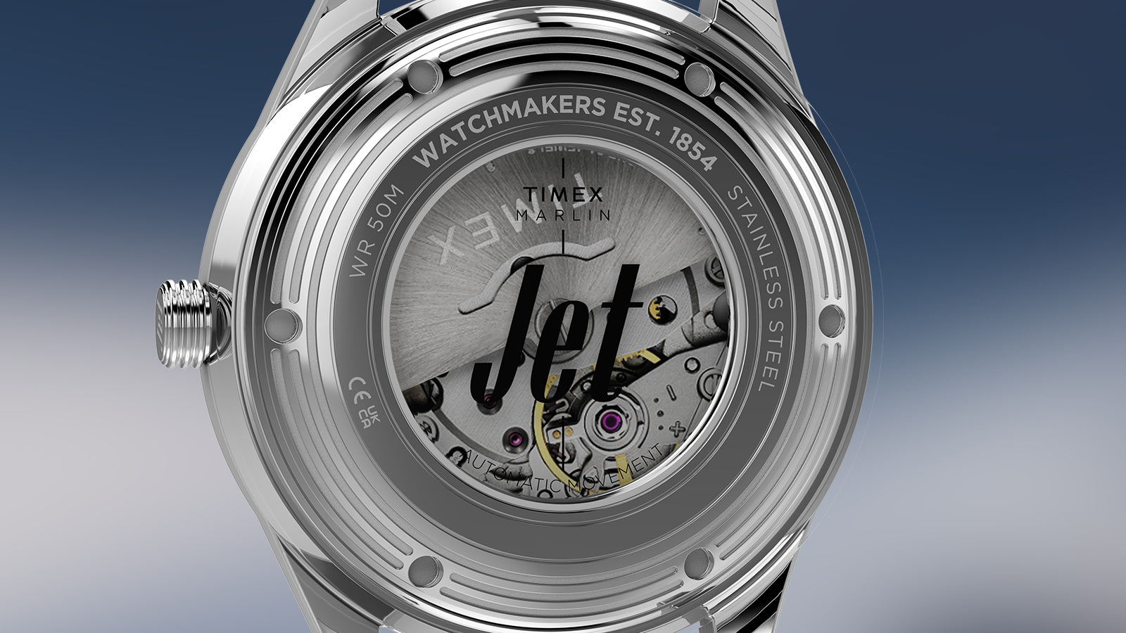 Exhibition caseback of the Marlin Jet America 250 automatic watch showcasing the automatic movement and commemorative Jet engraving.