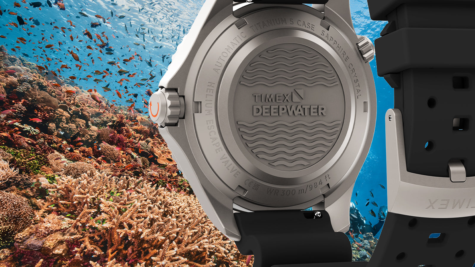 Titanium caseback of the Timex Deepwater Meridian 300 HEV Automatic featuring engraved Deepwater branding and helium escape valve.