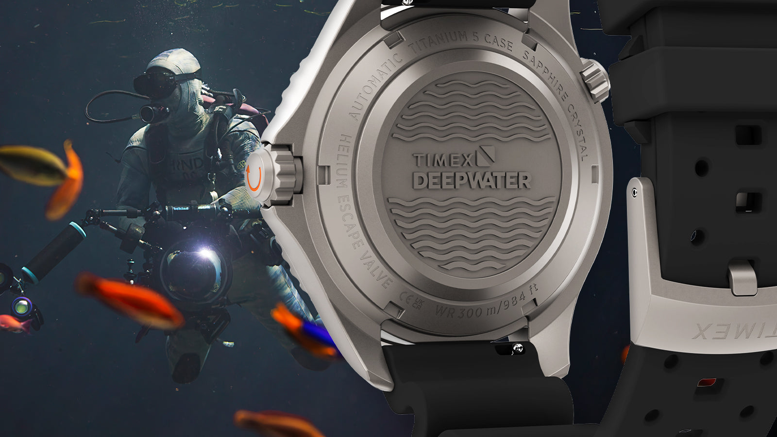 Titanium caseback of the Timex Deepwater Meridian 300 HEV Automatic featuring Deepwater engraving and helium escape valve, shown against an underwater diving scene.