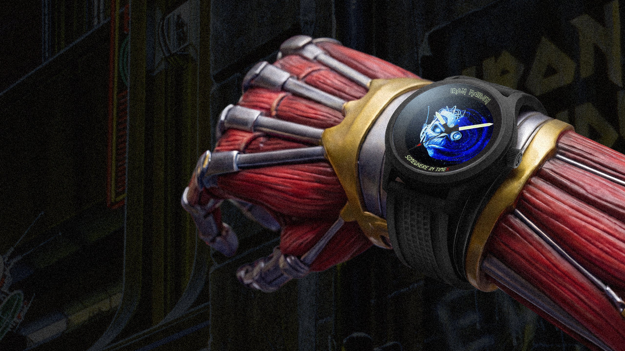 The Timex x Iron Maiden 1986 Tribute watch worn on Eddie’s cybernetic arm in a futuristic sci-fi environment inspired by the “Somewhere in Time” album artwork.