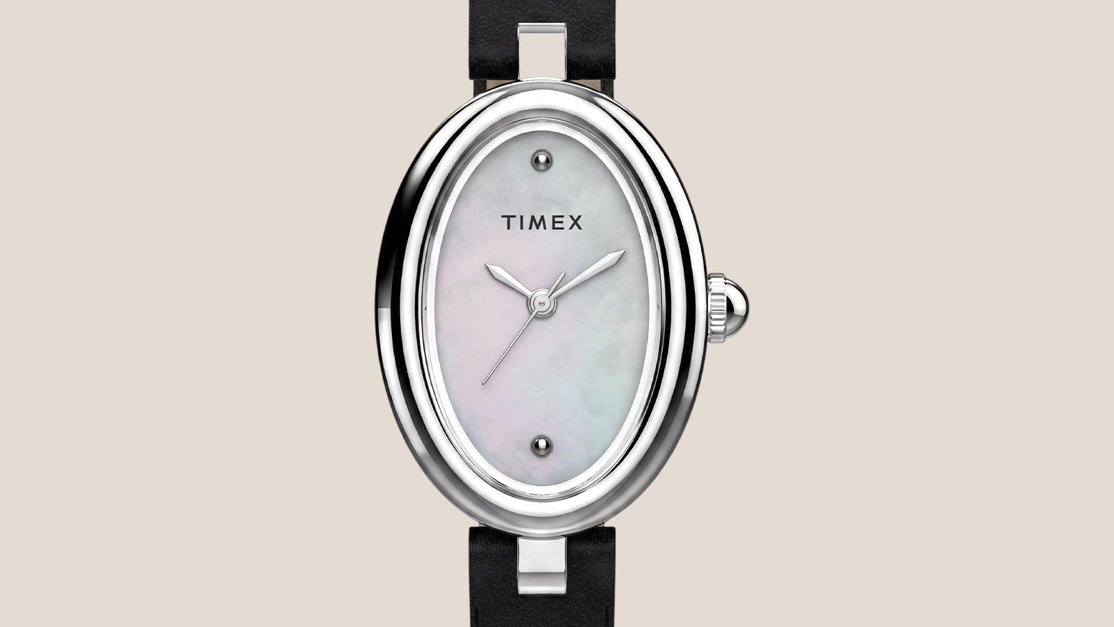 Front view of the Timex Cavatina® Luxe featuring a polished silver-tone oval case, iridescent mother-of-pearl dial, minimalist silver-tone hands, and black leather strap.
