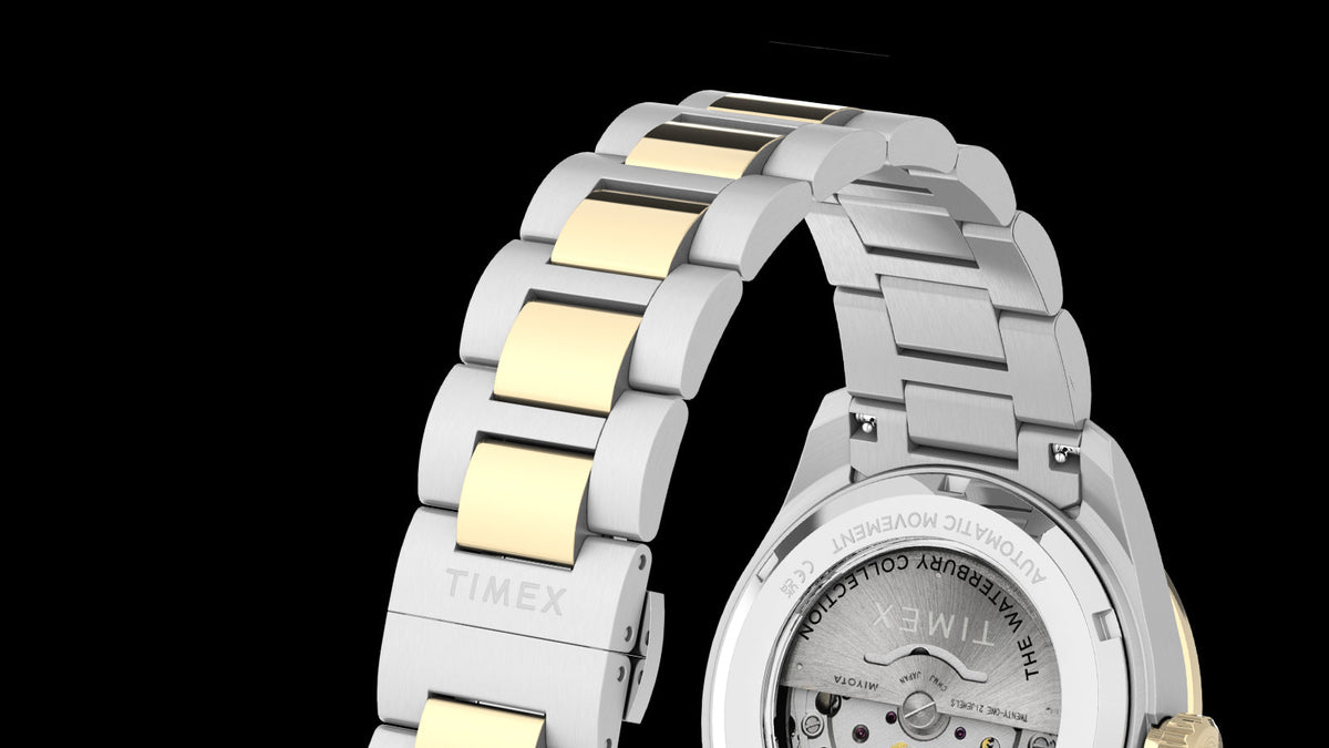 Rear view of the Waterbury Heritage Automatic, highlighting its two-tone bracelet and exhibition case back.