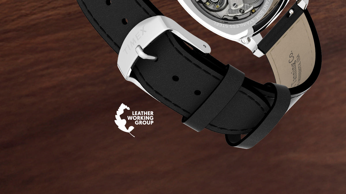 TW2Y84300 Black leather strap and silver-tone buckle of the Marlin® Chatham Automatic watch beside the Leather Working Group logo.