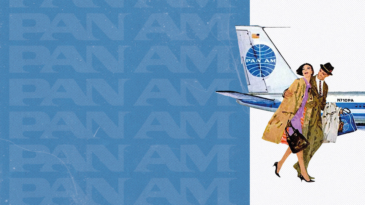 TW2Y94300 Vintage-style illustration of travelers walking beside a Pan Am airplane against a blue-and-white background.