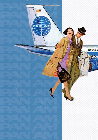 TW2Y94300 Vintage-style illustration of travelers walking beside a Pan Am airplane against a blue-and-white background.