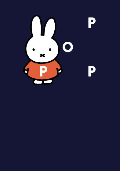 TW6A31000 Miffy wearing an orange P shirt beside white POP lettering on a navy background.