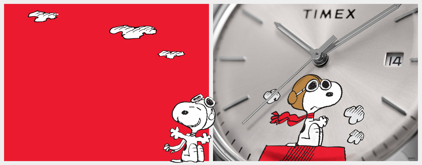 The image is a split design featuring a Timex watch with a Snoopy aviation theme. On the left side, there is a red background with white cartoon-style clouds and an illustration of Snoopy dressed as a World War I flying ace, wearing goggles and a scarf. On the right side, there is a close-up of a Timex watch with a silver dial, showcasing an illustration of Snoopy as the flying ace on his red doghouse, which represents a fighter plane.