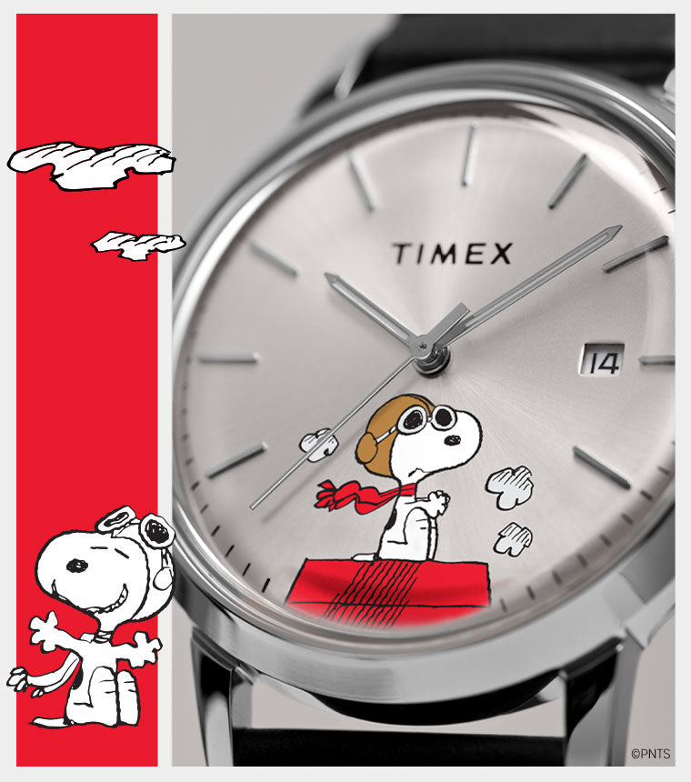 The image is a split design featuring a Timex watch with a Snoopy aviation theme. On the left side, there is a red background with white cartoon-style clouds and an illustration of Snoopy dressed as a World War I flying ace, wearing goggles and a scarf. On the right side, there is a close-up of a Timex watch with a silver dial, showcasing an illustration of Snoopy as the flying ace on his red doghouse, which represents a fighter plane.