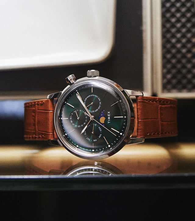 Timex Marlin® Moon Phase 40mm Leather Strap Watch
