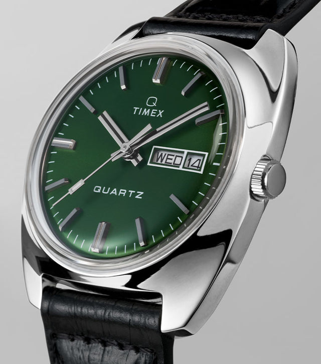Q Timex 1978 Day/Date 37.5mm Leather Strap Watch Green Dial
