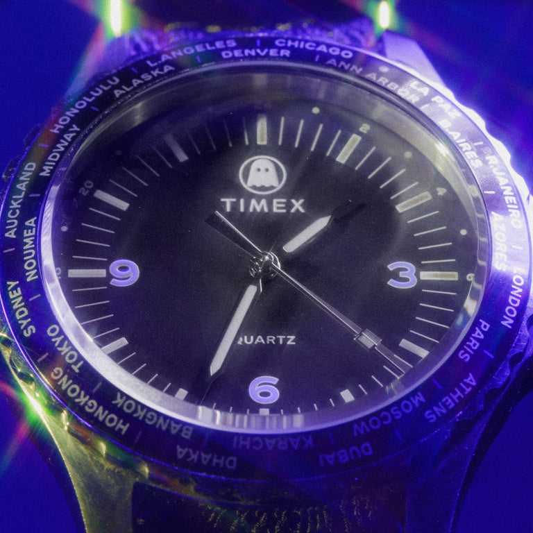 Timex x Ghostly showing the face and dial of the watch