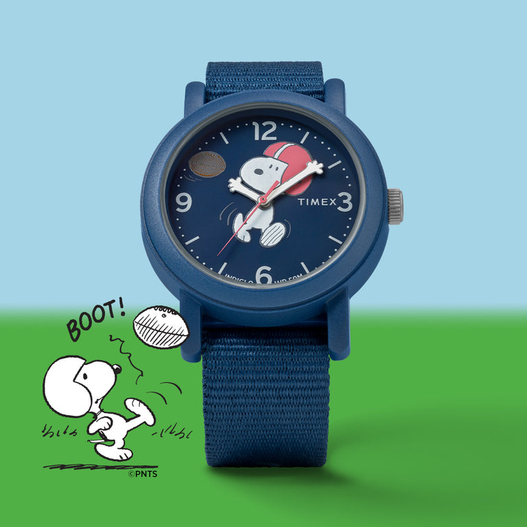 A timex watch with a design of Snoopy playing football