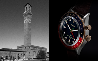 The Waterbury Union Station building and its old Clock Tower and Waterbury Traditional GMT 39mm Leather Strap Watch