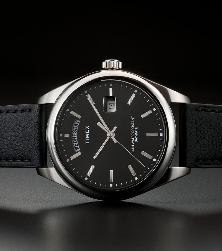 Timex Legacy Leather Strap Watch with Black Dial.