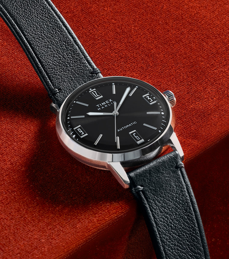 Marlin® Automatic Black Leather Strap Watch.