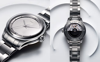 A side by side beauty shot of Giorgio Galli S2Ti Swiss Made Automatic 38mm  from front view at the left and a back view of the watch at the right.