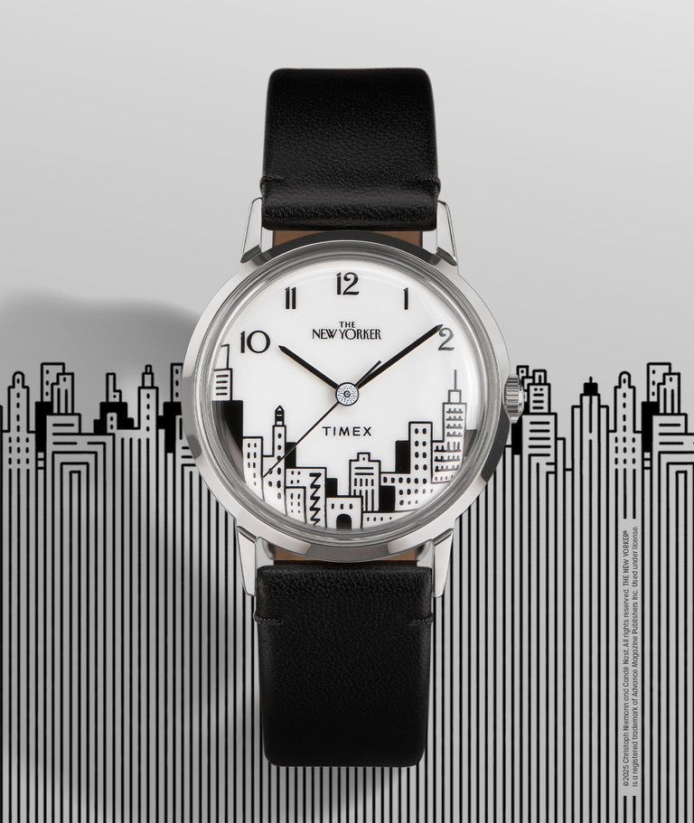 A stylish and sophisticated photo showcasing the Timex x The New Yorker collaboration watch