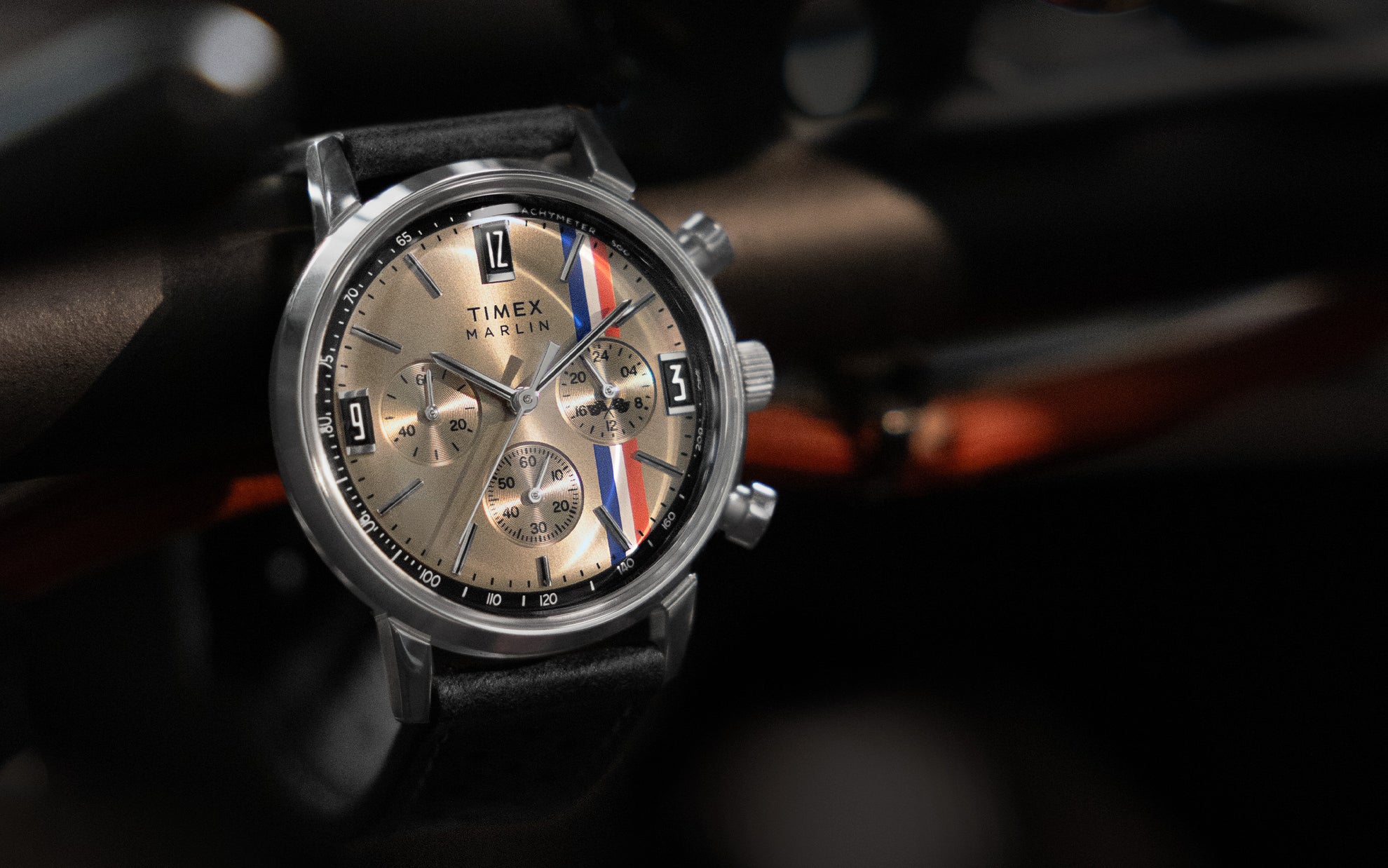 Marlin® Chronograph 40mm Black Leather Strap Watch with sub-dial decorated with the checkered flags