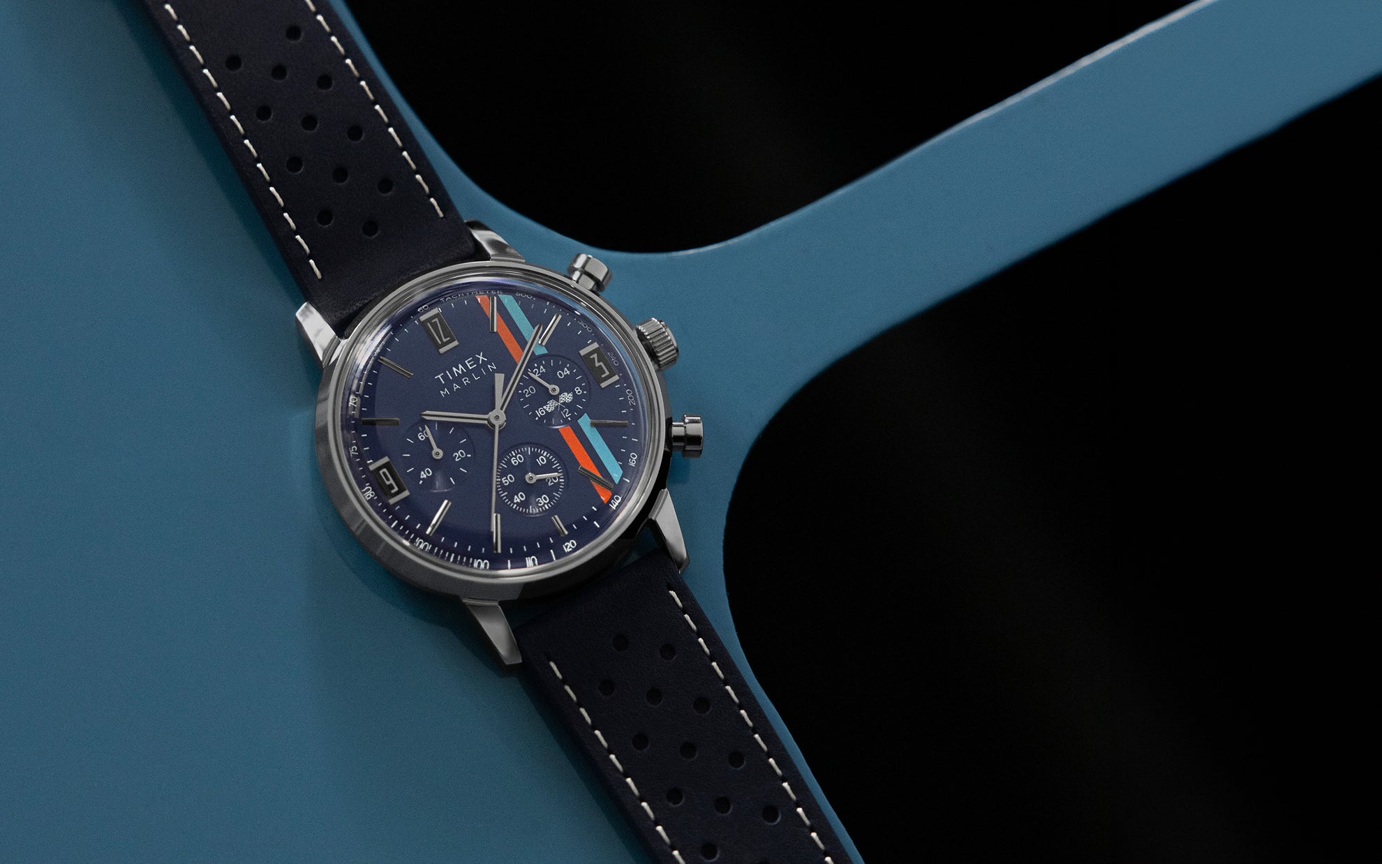 Marlin® Chronograph 40mm Blue Leather Strap Watch with sub-dial decorated with the checkered flags