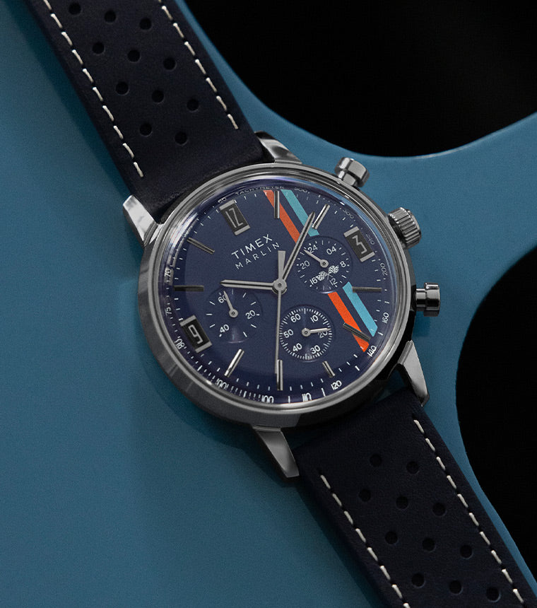 Marlin® Chronograph 40mm Blue Leather Strap Watch with sub-dial decorated with the checkered flags