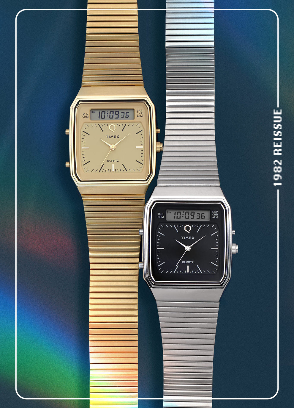 Two Q Timex® 1982 Ana-Digi Reissue watches are displayed side by side, one in gold-tone with a champagne dial and the other in silver-tone with a black dial. The watches feature an analog and digital hybrid display with a classic retro design. The text "1982 REISSUE" is positioned vertically on the right side, enhancing the vintage aesthetic of the image.