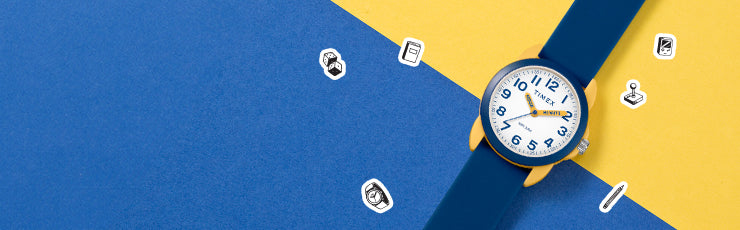 A stylish blue and yellow background featuring a Timex kids' analog watch with a blue strap and a white watch face. Surrounding the watch are small black-and-white illustrated icons representing activities like gaming, writing, and reading.