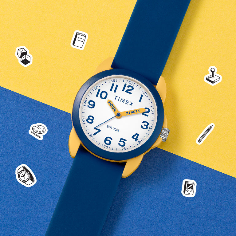 A stylish blue and yellow background featuring a Timex kids' analog watch with a blue strap and a white watch face. Surrounding the watch are small black-and-white illustrated icons representing activities like gaming, writing, and reading.