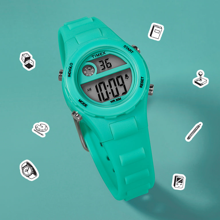 A vibrant turquoise digital Timex kids' watch with a rubber strap and a multifunctional display, set against a matching turquoise background. Floating around the watch are playful illustrated icons of books, gaming controllers, pencils, and dice, representing fun and learning.