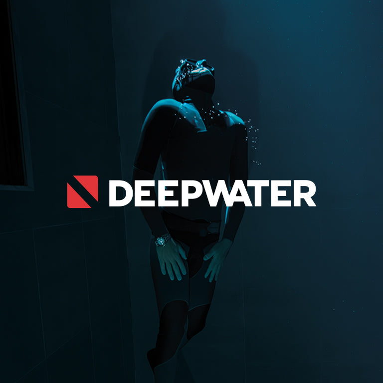 A diver in full gear is suspended underwater, looking up with air bubbles rising from their face. The word “DEEPWATER” is boldly overlaid in the center with a red and white diver-down flag symbol.