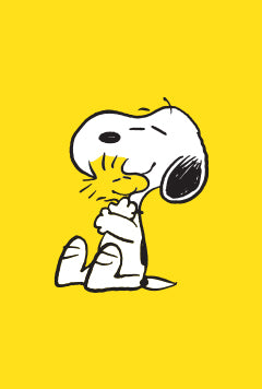A simple, cheerful illustration of Snoopy sitting with his eyes closed, hugging Woodstock with affection, set against a bright yellow background.