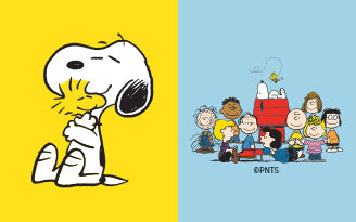 A split illustration featuring Peanuts characters. On the left, Snoopy, the beagle, is hugging Woodstock with a happy expression on a yellow background. On the right, a group of Peanuts characters, including Charlie Brown, Lucy, Linus, and others, are gathered around Snoopy's red doghouse on a blue background, with Snoopy lying on top.