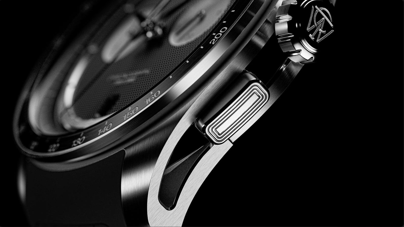 Macro detail of Timex Atelier Chronograph Quartz M1a titanium case and chronograph pusher with brushed finish