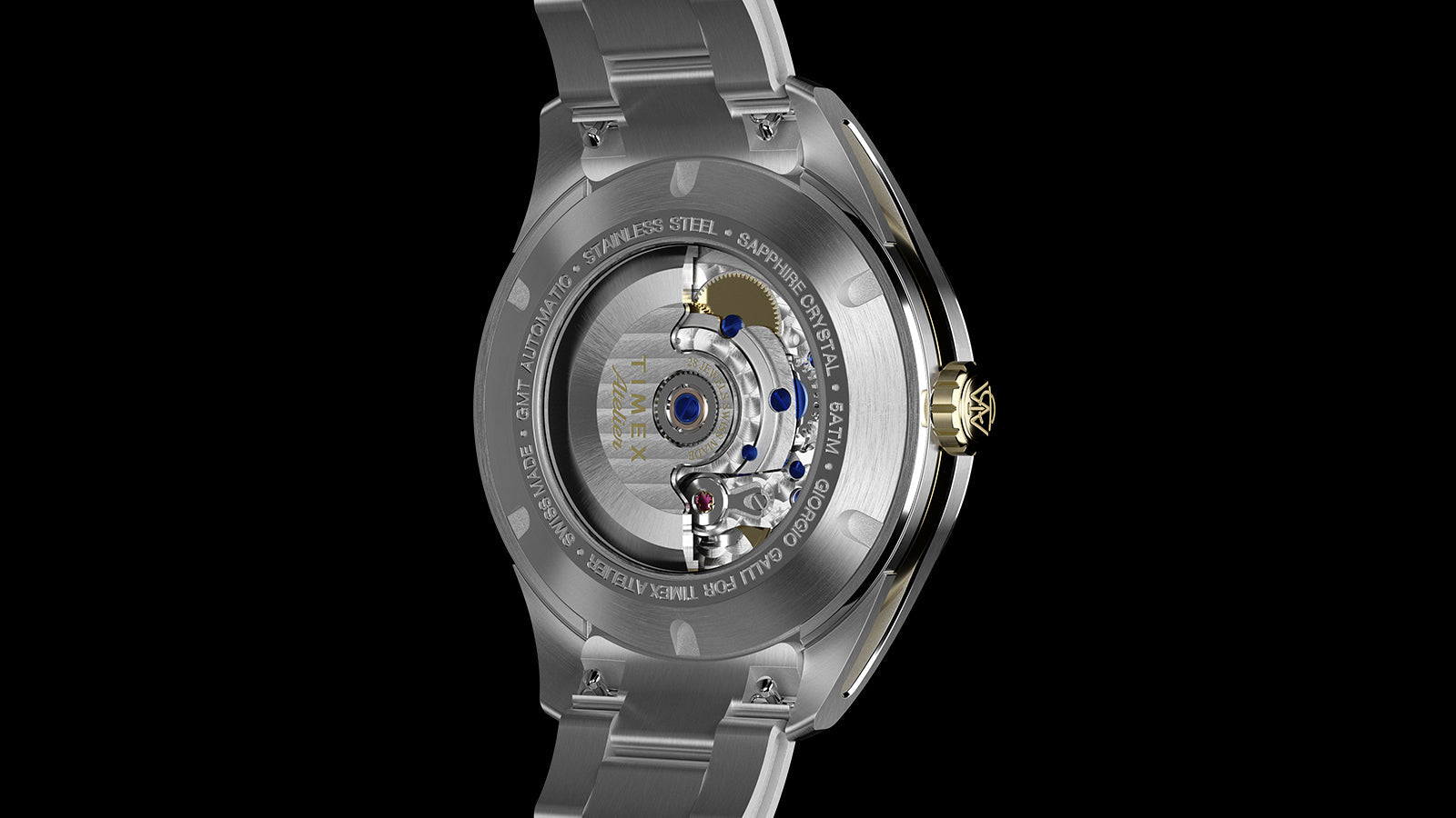 Rear view showing the Timex Atelier GMT Première M1a watch’s automatic movement through its exhibition caseback.