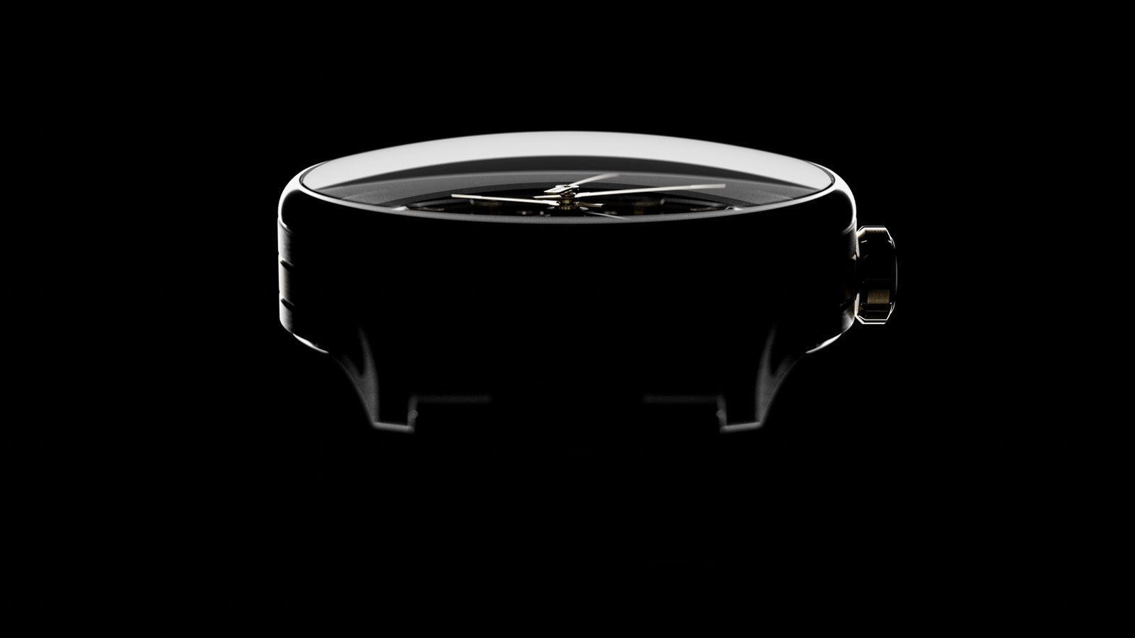 Side profile highlighting the Timex Atelier GMT Première M1a watch’s domed crystal and polished case.