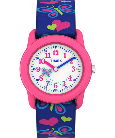 T89001 TIMEX TIME MACHINES® 29mm Butterflies and Hearts Blue Elastic Fabric Kids Watch Primary Image
