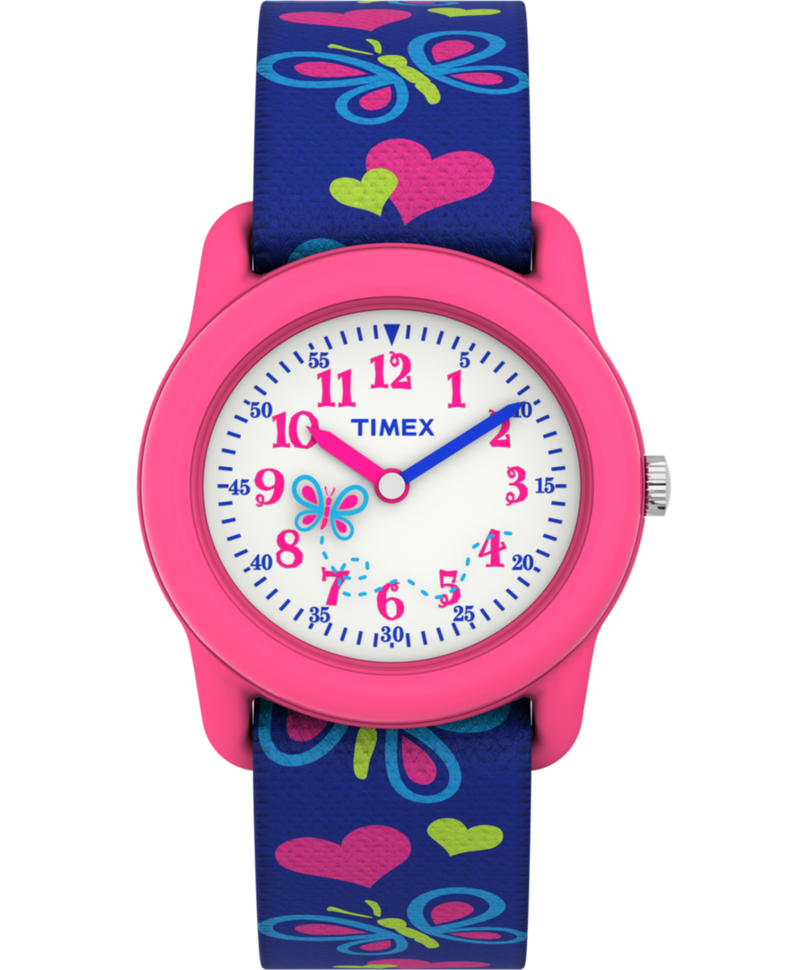 T89001 TIMEX TIME MACHINES® 29mm Butterflies and Hearts Blue Elastic Fabric Kids Watch Primary Image